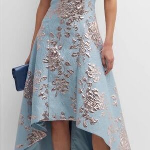 Chic Blue Dress with Rose Gold Floral Design